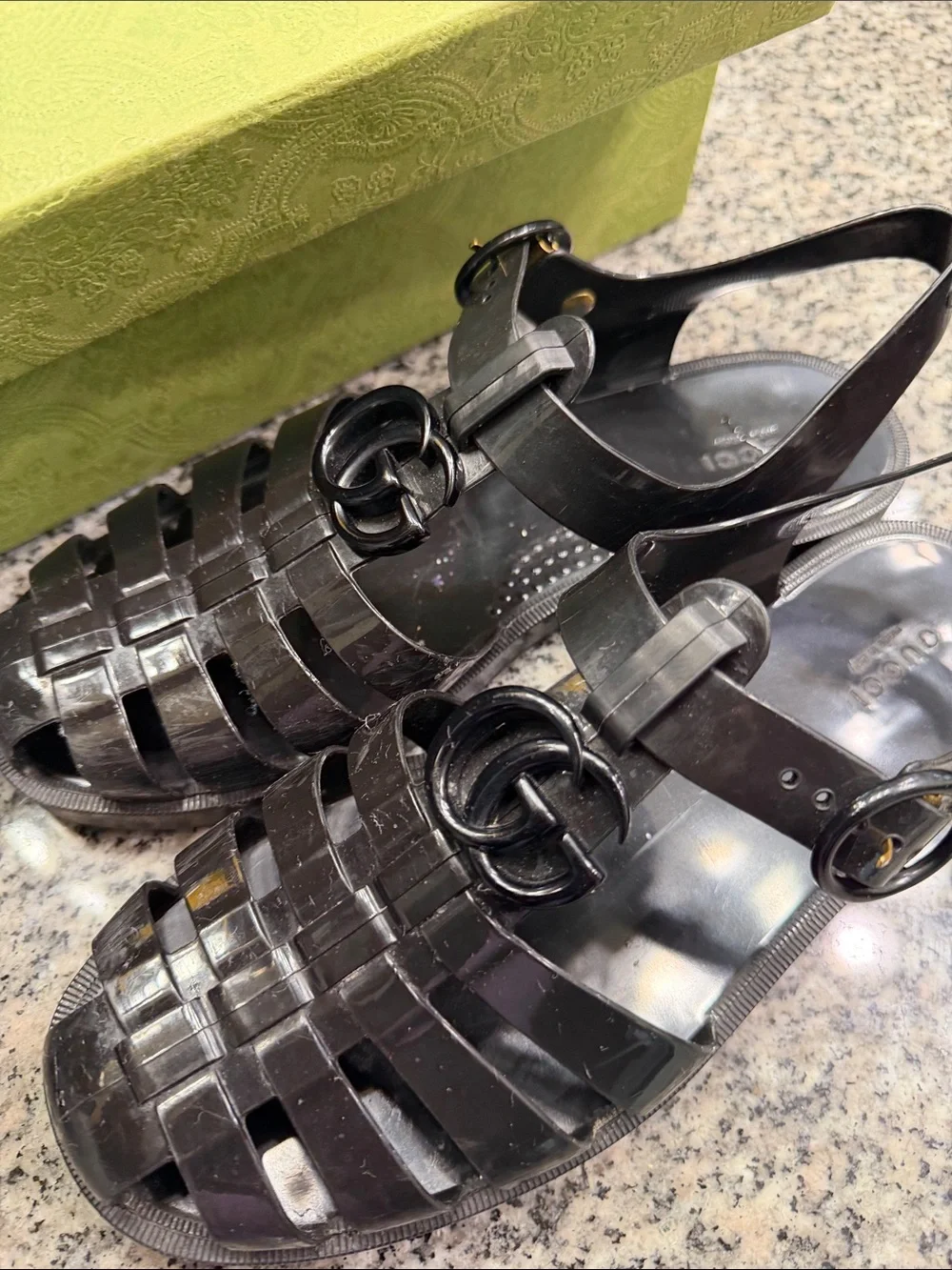 Gucci Black Jelly Woven Slingback Sandals with Interlocking G - Picture 2 of 8